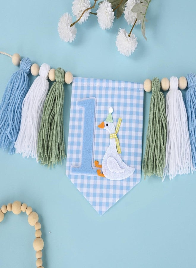 Aufee One Funny Goose High Chair Banner for Boys 1st Birthday Decorations, Blue Silly Goose Stripe-Style Garland with Yarn Tassel, Goose Themed Hanging Ornament for Baby Shower, Flower Lawn Party Supply - Image 4